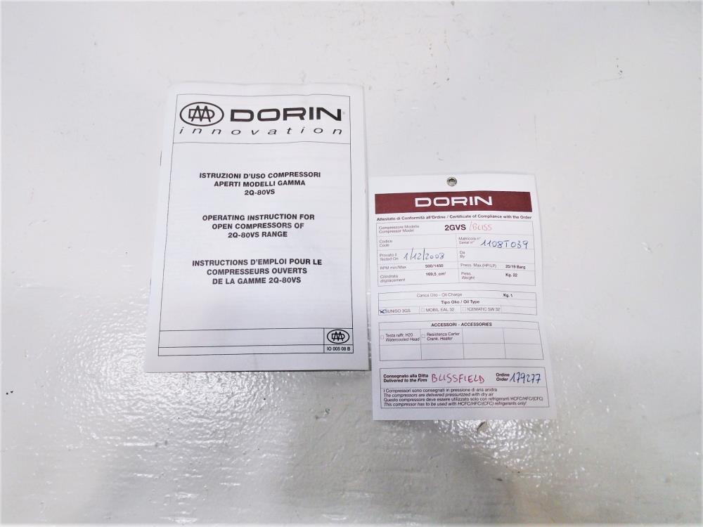 Dorin 2GVS Open Type Refrigeration Compressor, 1450 RPM, 14 HP